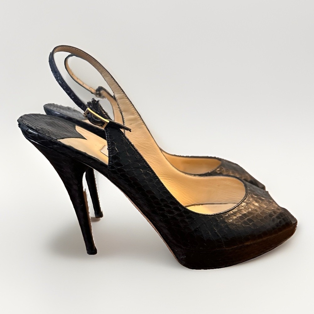 Jimmy Choo Black Python Slingback Peep Toe Stiletto Heels Buckle 41 US 11 Party